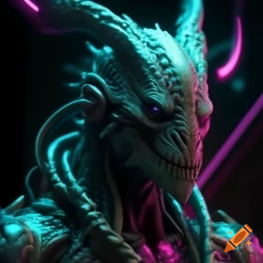 Cyberpunk mythical creature with neon lighting and holographic technology
