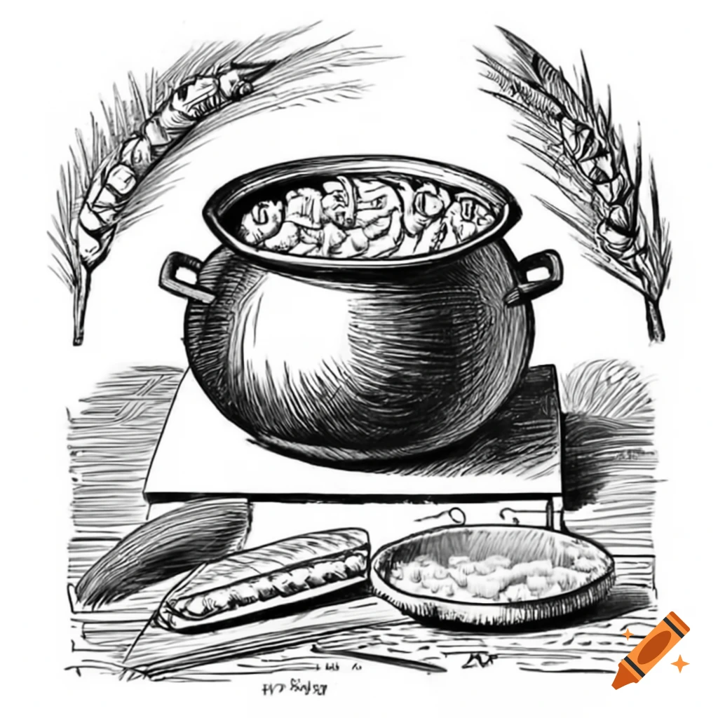 19th century engraving of Quimbaya pot cooking corn, yuca, and beans
