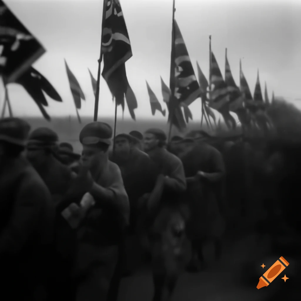 1930s Germany scene with Nazi flags and soldiers in dark atmosphere