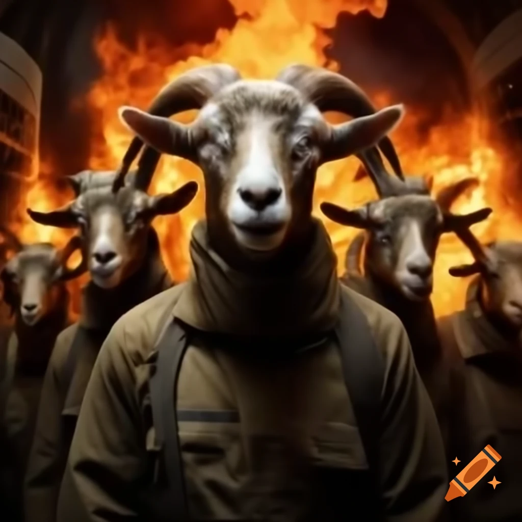 Goats in firefighter gear battling flames