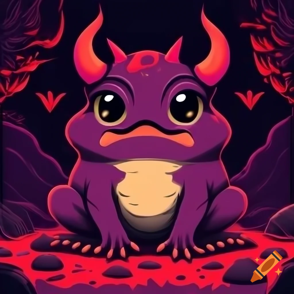 Cute devil horned frog in red and purple themed hell scenery, anime cartoon style