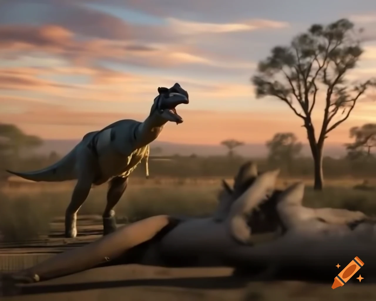 Cinnamon and grey striped hadrosaurus in Australian outback during golden hour