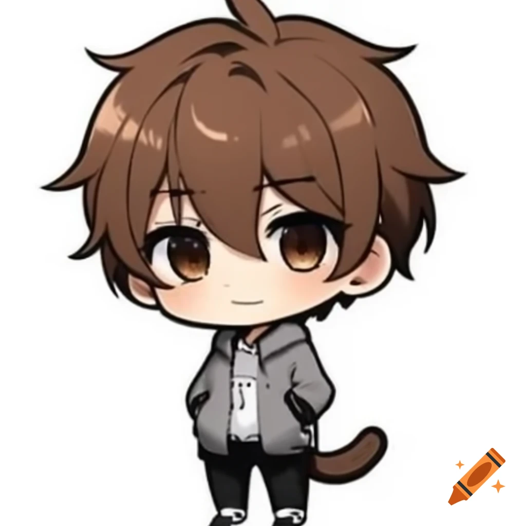 Chibi anime boy with brown hair, black eyes, dark gray hoodie, and white shoes