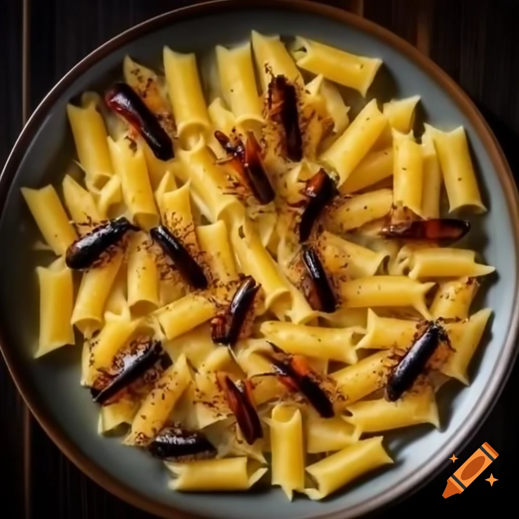 Photo realistic detail of earwigs in a pasta dish