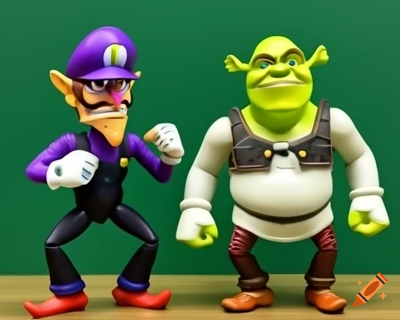 Waluigi and shrek action figures in a playful fight on Craiyon