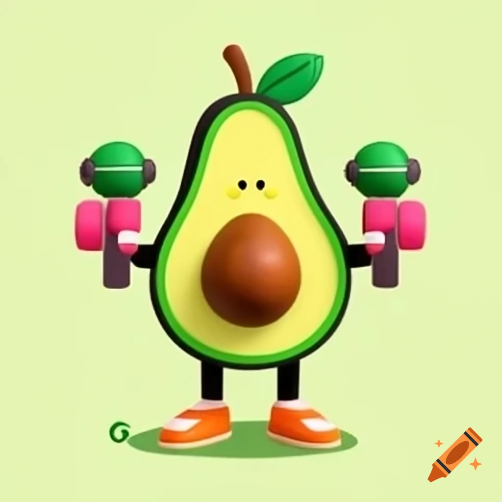 Cartoon avocado character working out with dumbbells and headband