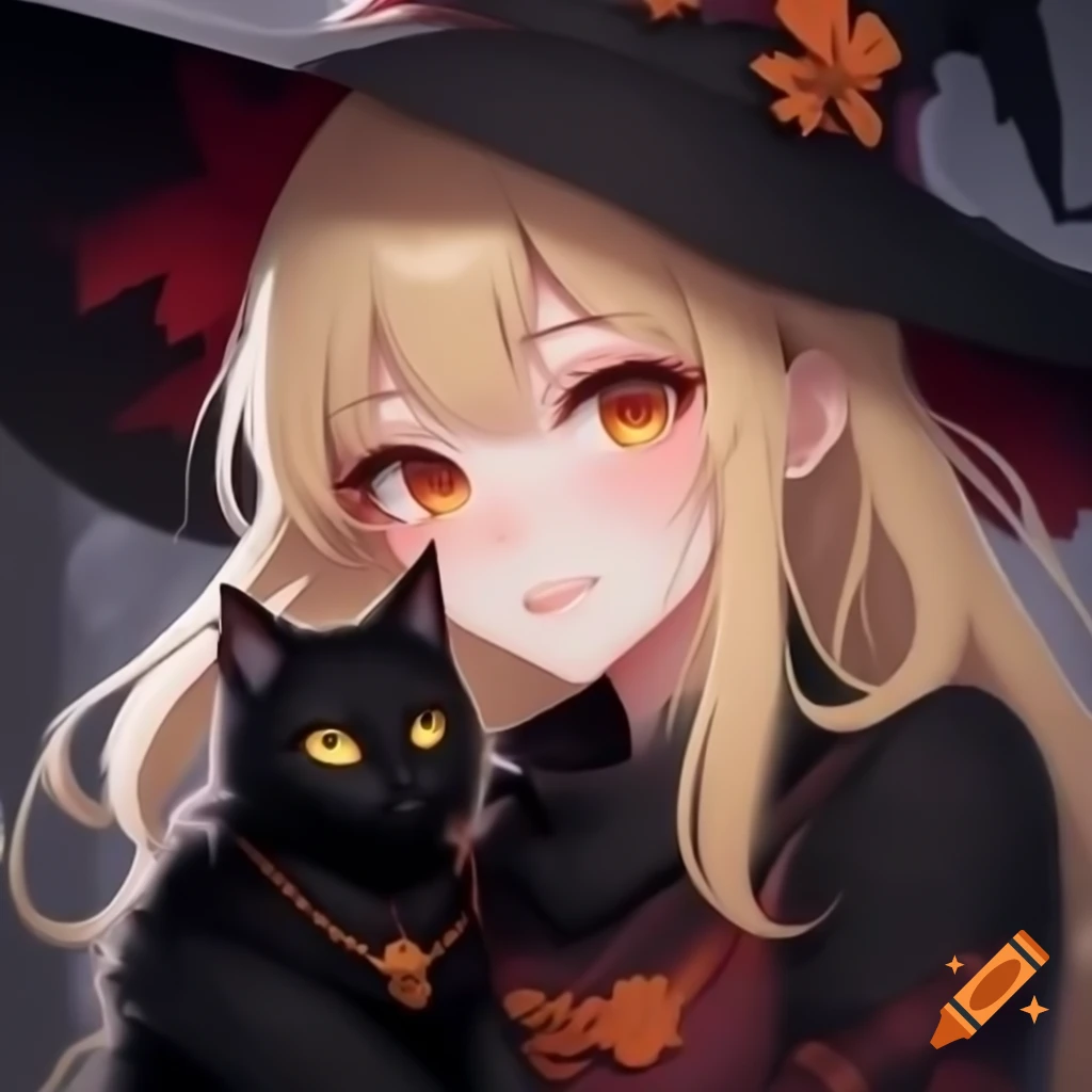 Anime female witch with hazel eyes and blonde hair holding black cat in Halloween setting