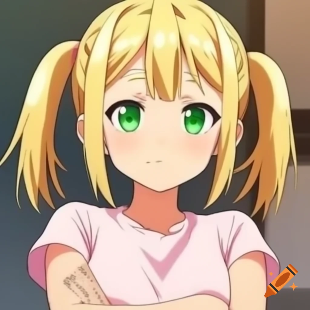 Anime girl with blonde hair and green eyes, wearing light pink t-shirt with arms crossed