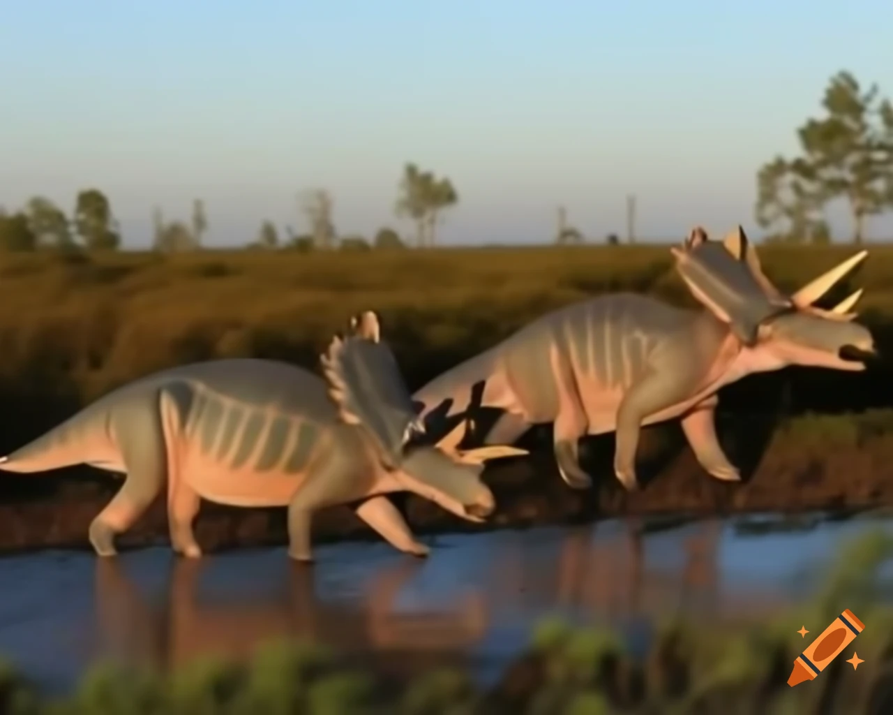 Styracosaurus in cinnamon and grey stripes walking in marshland during golden hour