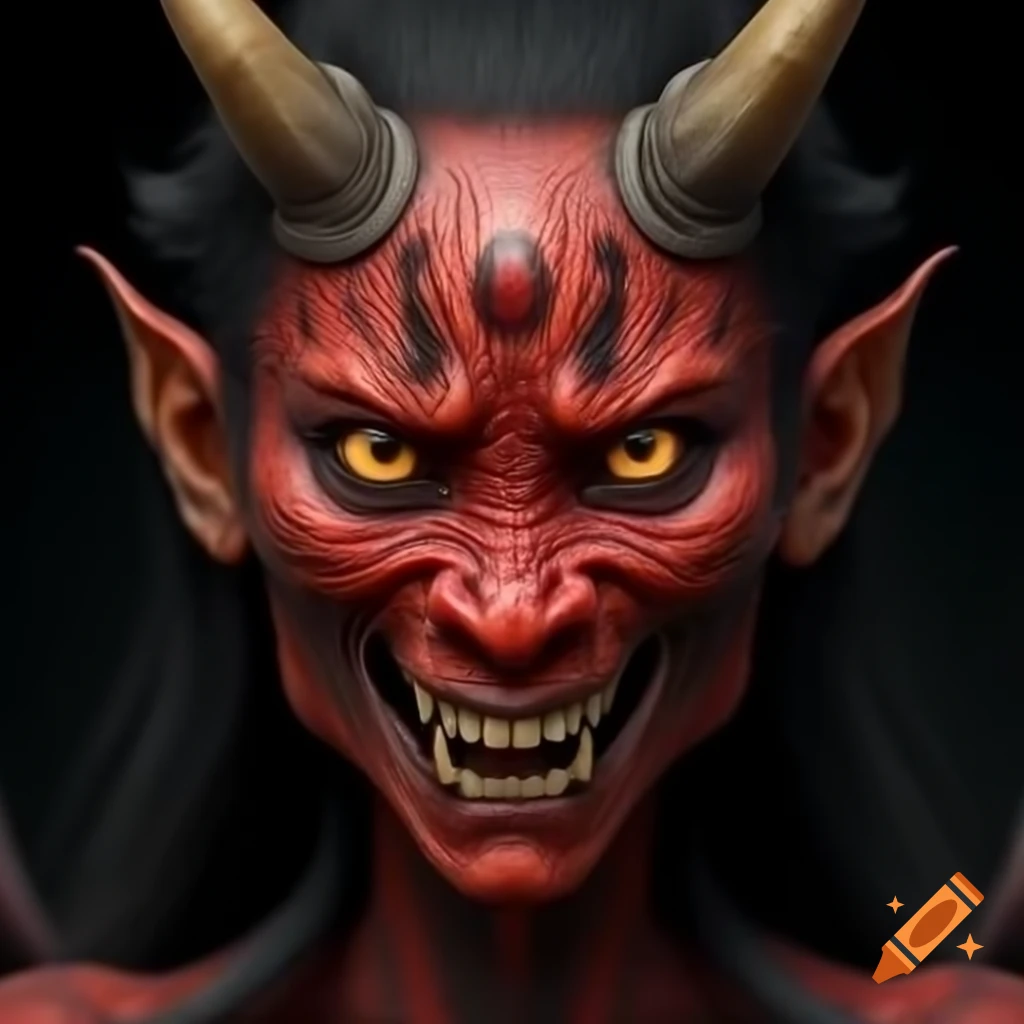Hyper-realistic Japanese female demon with big eyes and stern expression against dark background