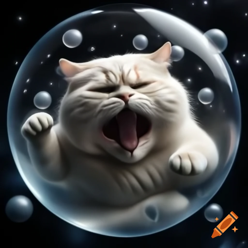 Chubby white cat squeezed in a bubble floating in space
