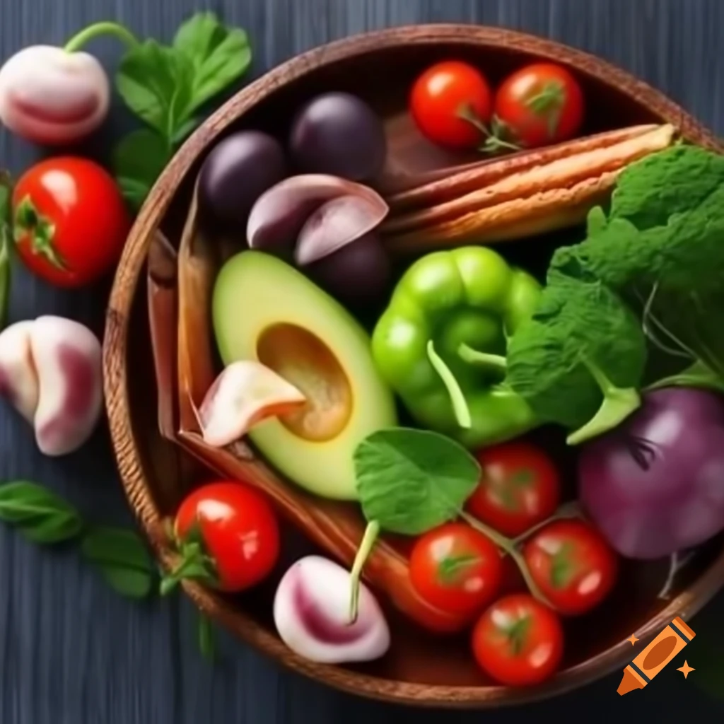 Healthy food served in wooden dish