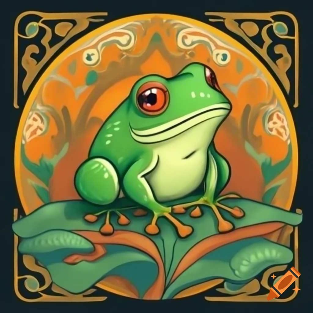 Cartoony frog in Alphonse Mucha art nouveau style, oil painting