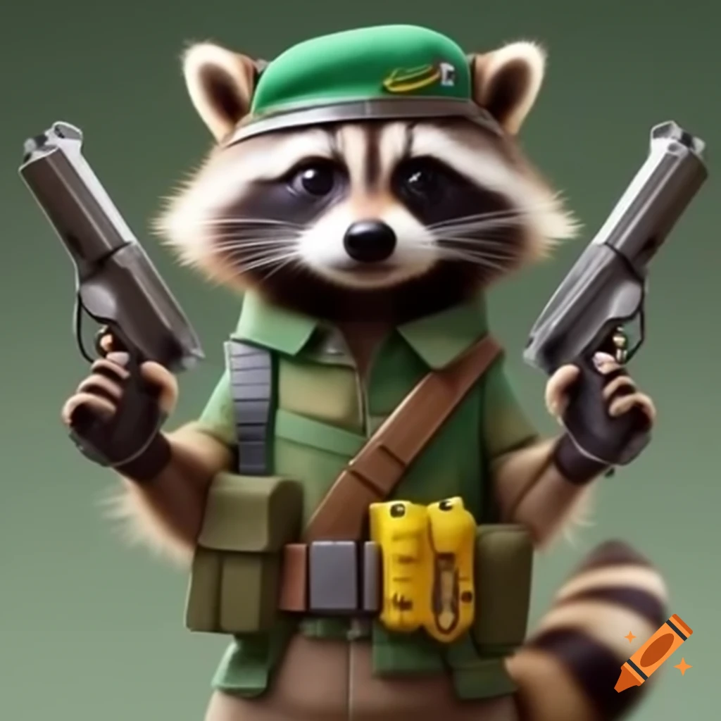 Cartoon raccoon in military attire holding rivet guns with reflective belt