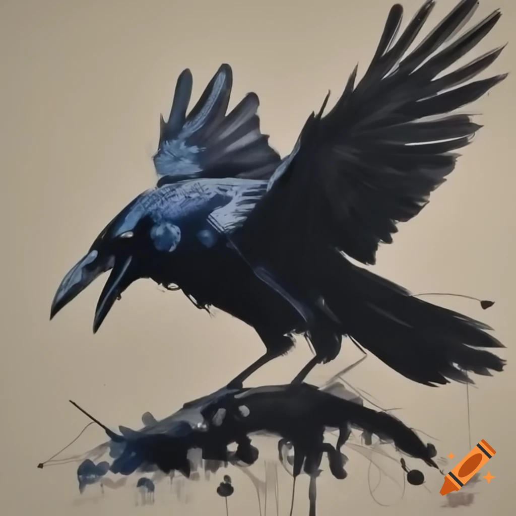 Lino engraving of raven in autumn, artistic illustration with poetic text