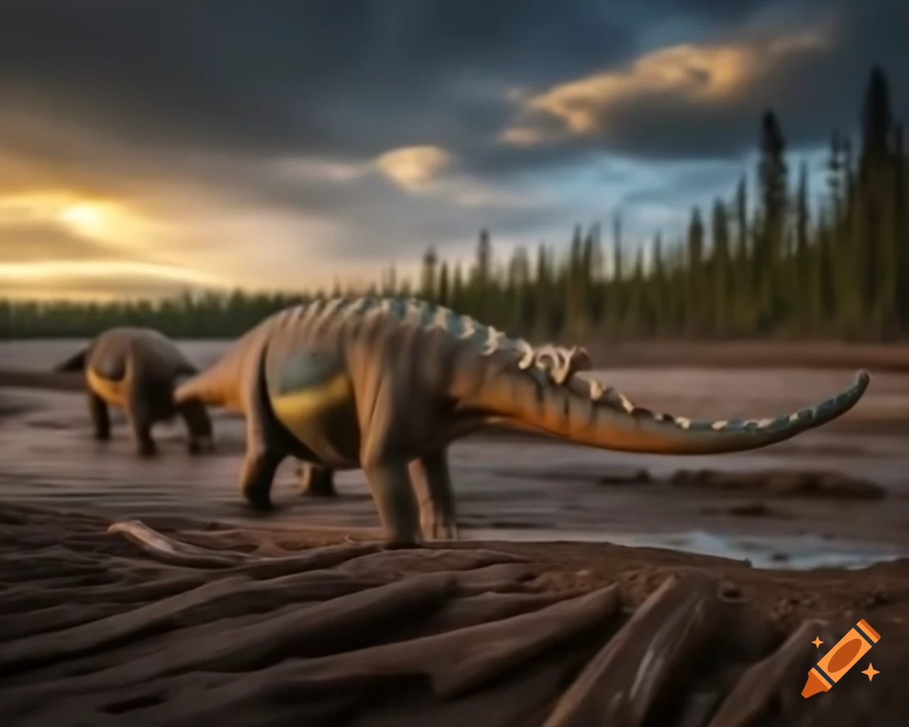 Cinnamon and grey striped Iguanodons crossing a muddy flat in British Columbia at sunset