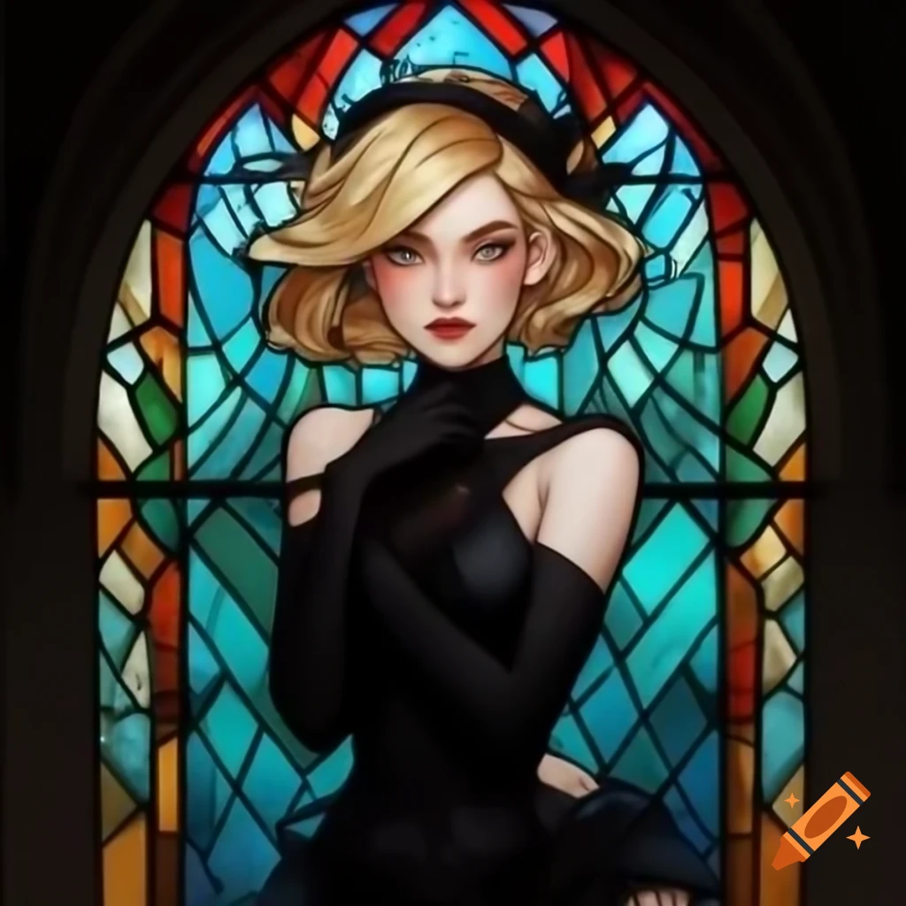Gothic stained glass window with egirl design in Mucha style