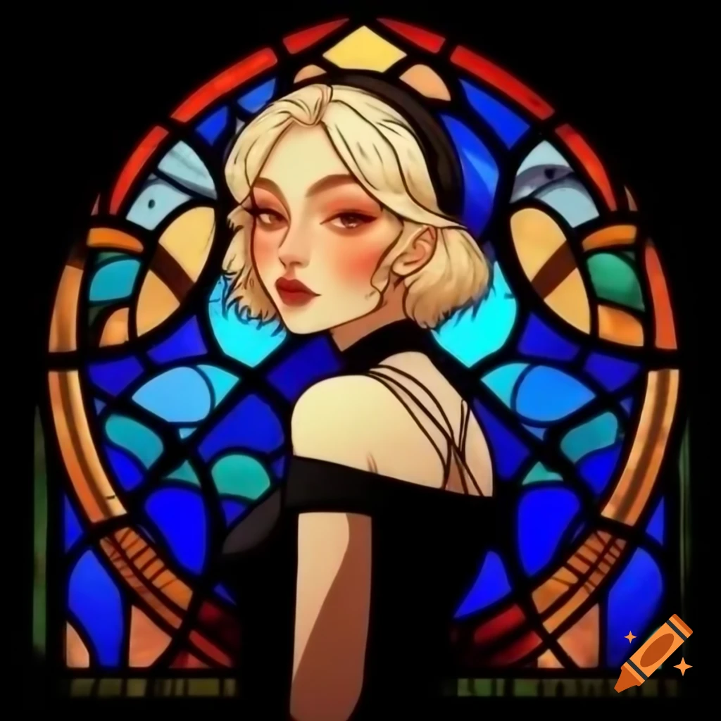 Gothic stained glass window with e-girl in Mucha style, full-body Tiffany glass design