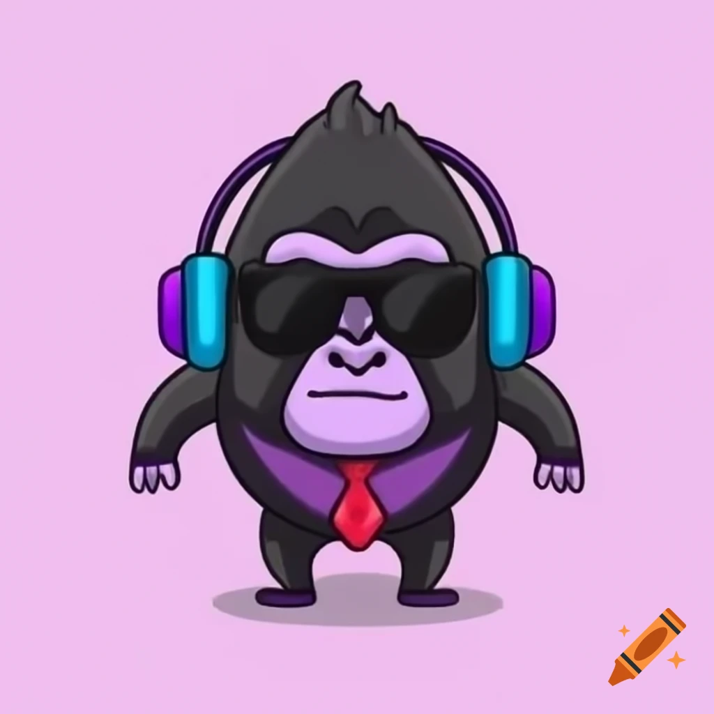 Dark purple pixelated Gorilla tag character with headphones, bow tie, and sunglasses