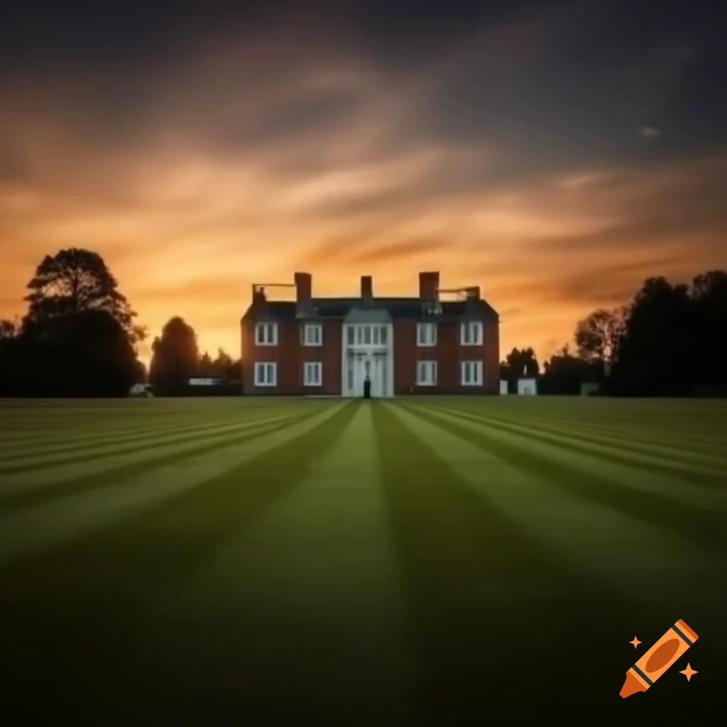 Sunset behind sprawling mansion casting shadows on front lawn