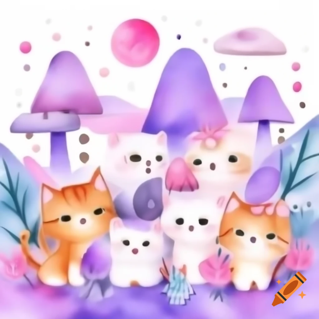 Cute girly kittens in pink and purple themed anime scenery