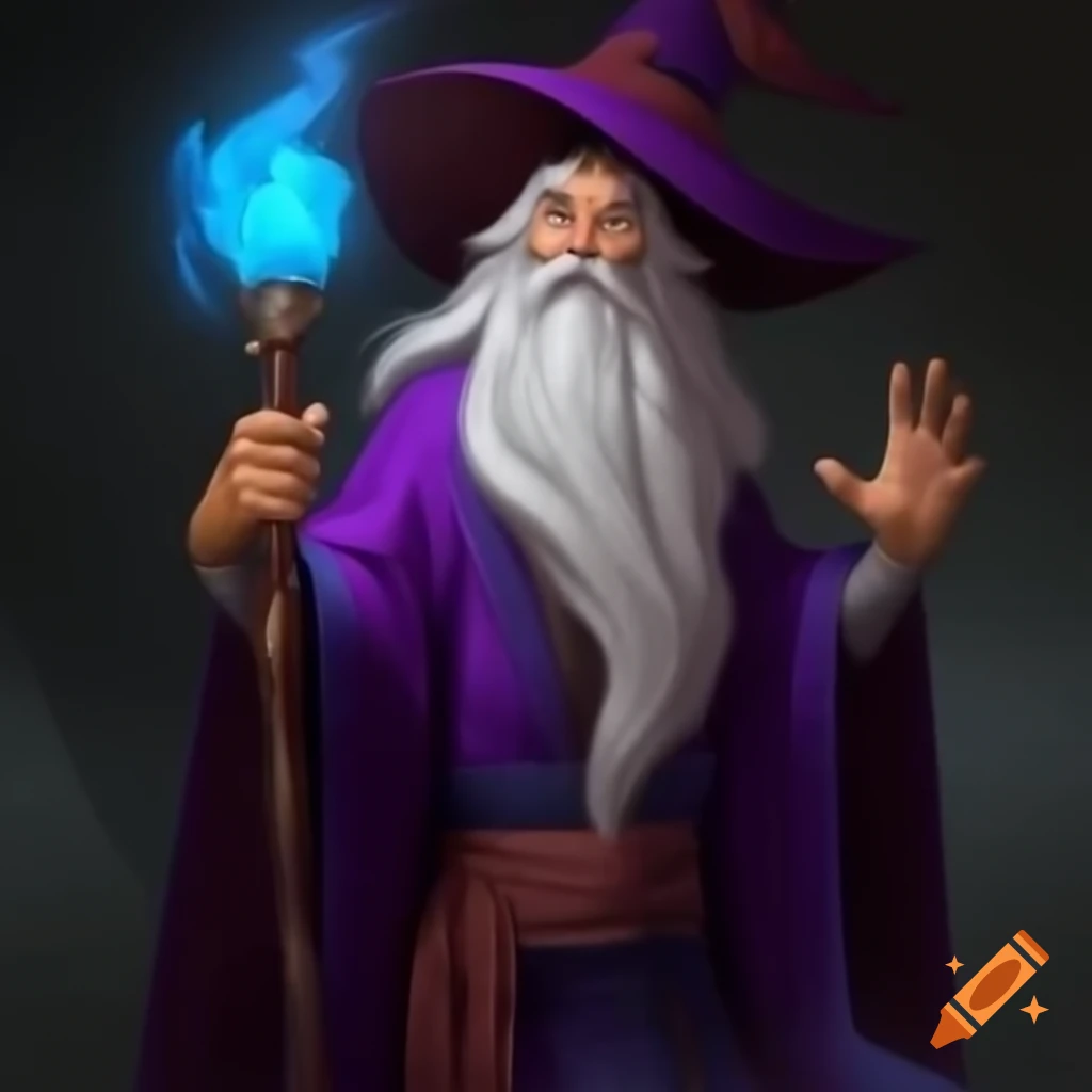Wizard in purple robe holding staff with blue gem