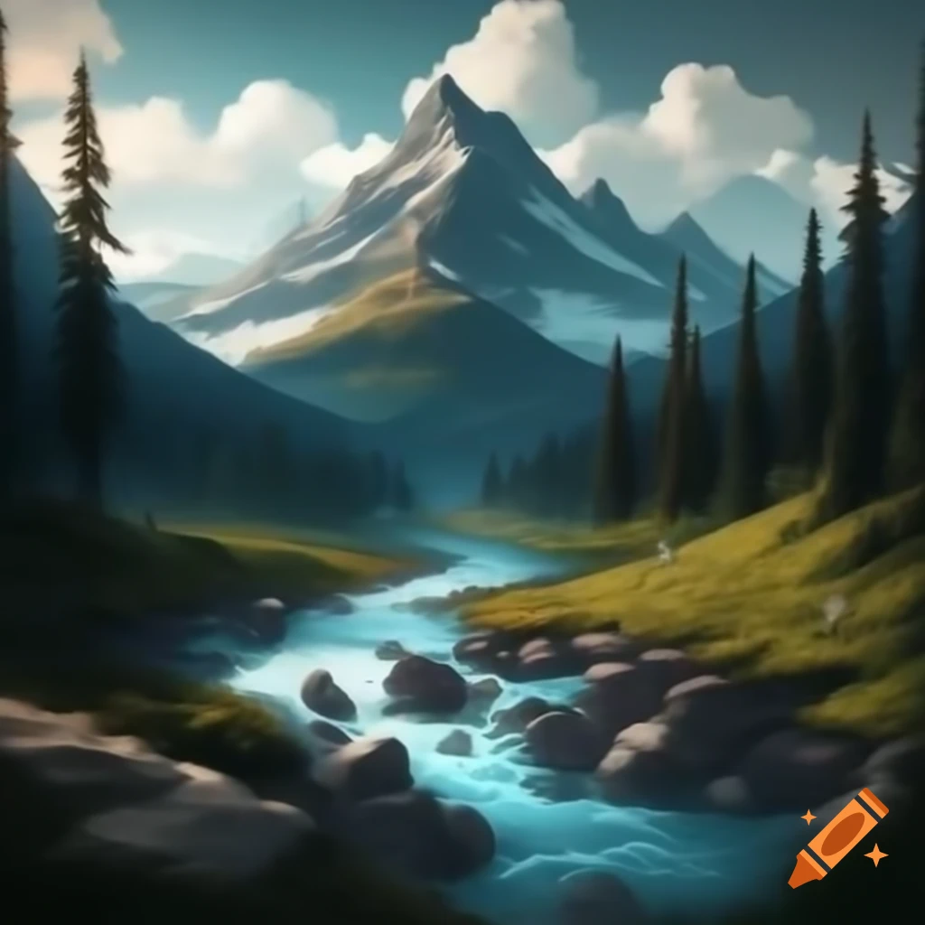 Detailed mountain landscape with river and lake
