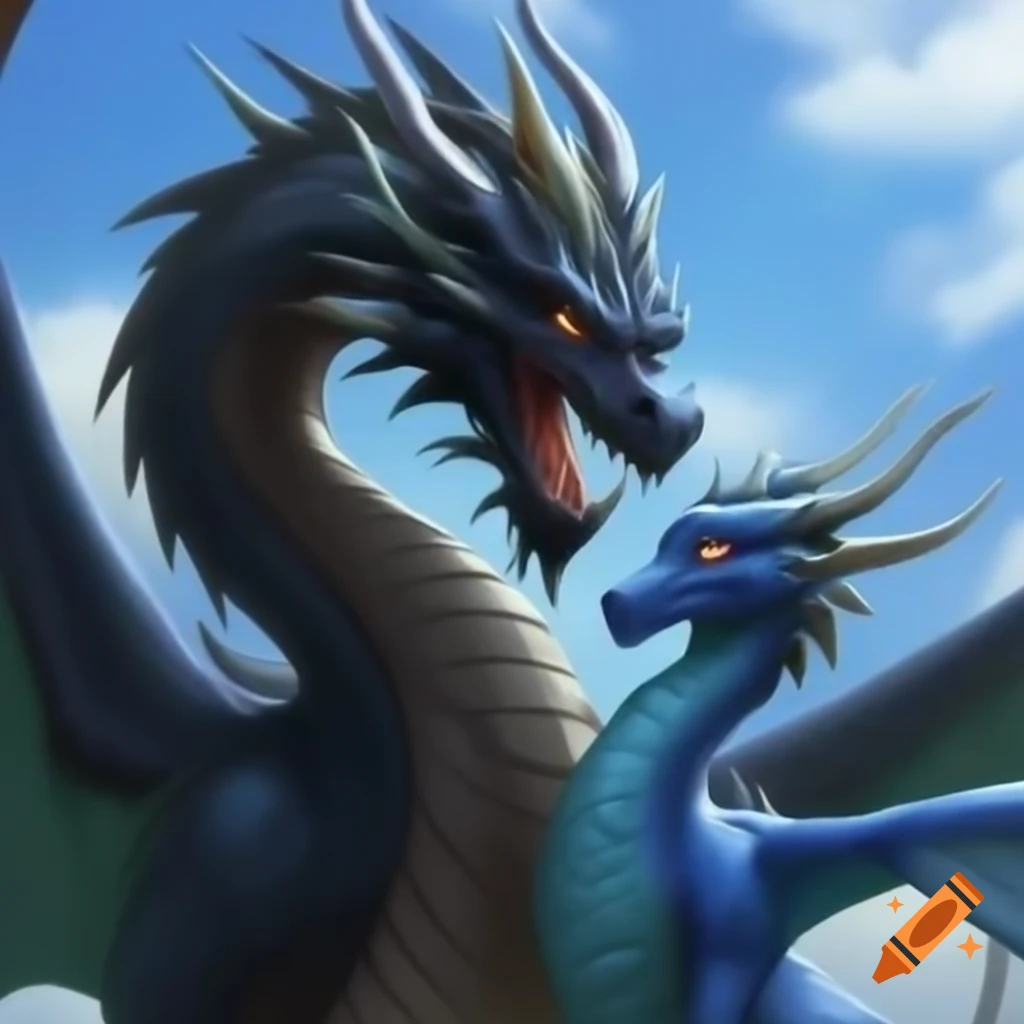Closeup of black male and blue female Chinese dragons flying in the sky
