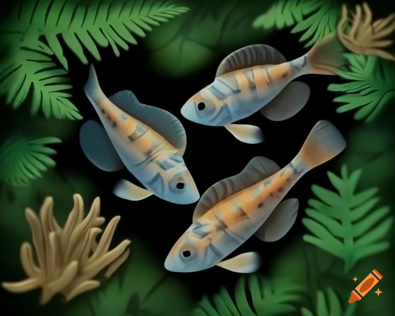 Hadrosaurus dinosaurs with angelfish-like patterns in marshland with horsetails and ferns