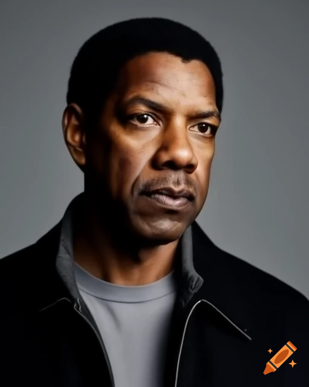 Denzel Washington in black jacket and grey shirt on grey background