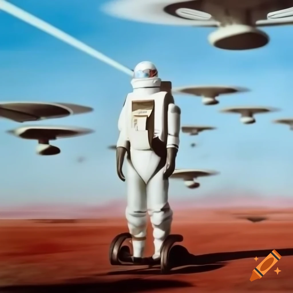 Surreal mezzotint of spacestation and flying car in dystopian landscape