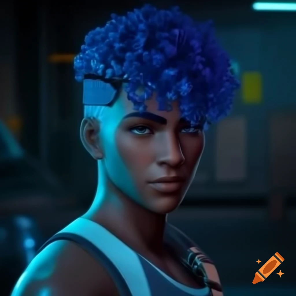 Sub-Saharan male cyberpunk mechanic with cybernetic arm and monocle