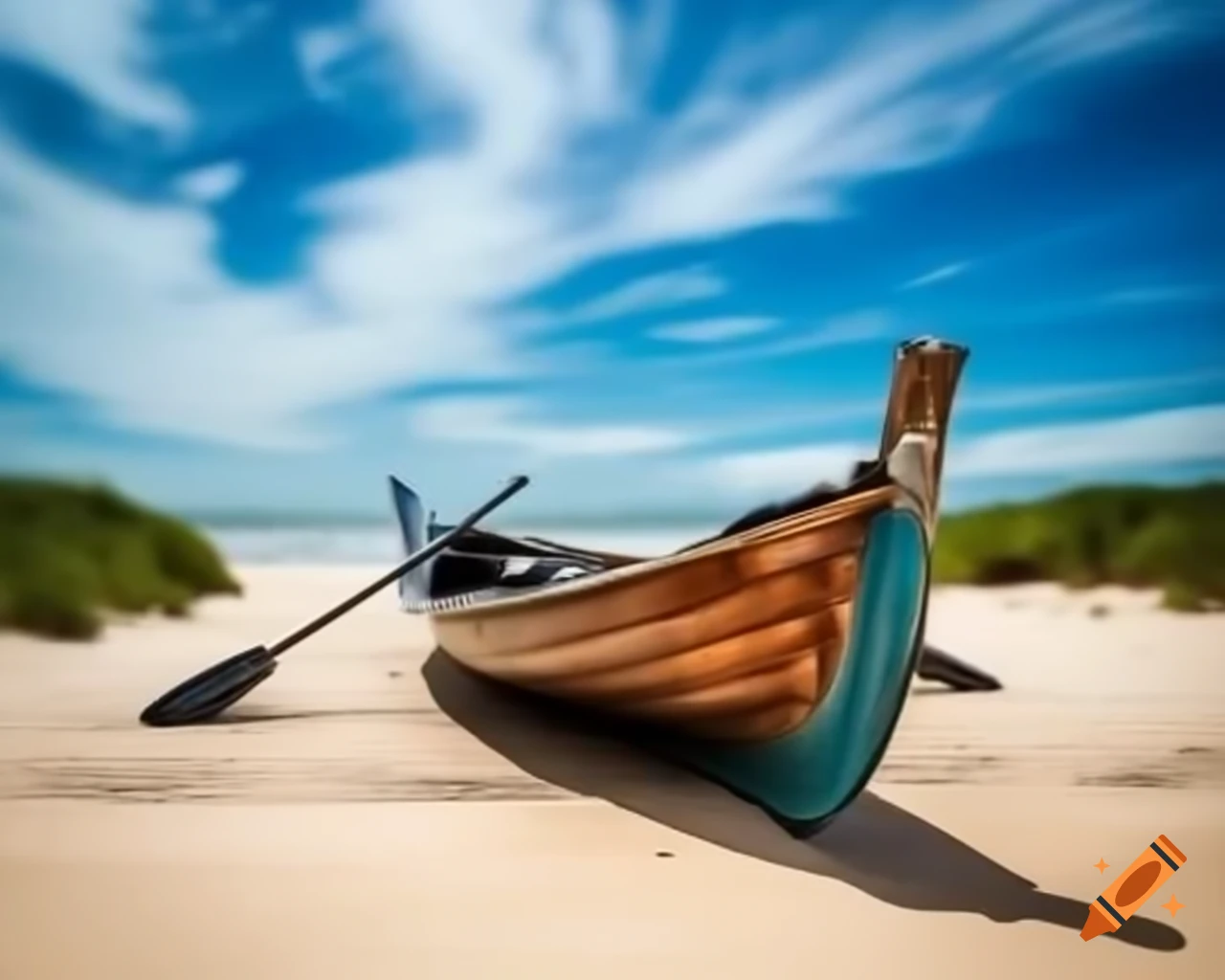 Highly detailed rowing boat moored on sandy beach with vegetation