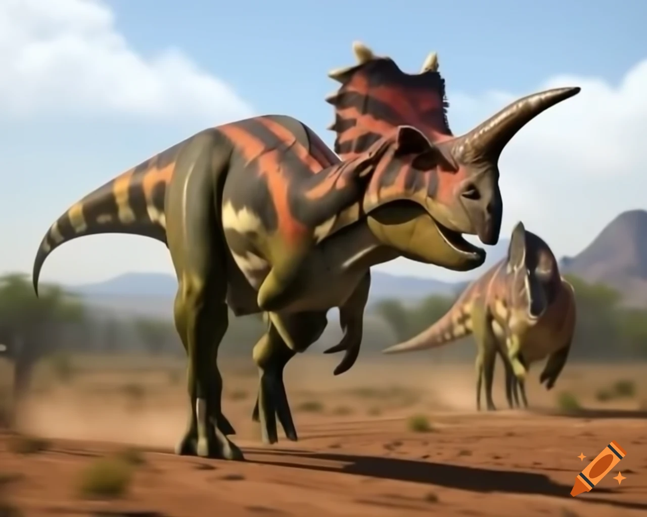 Cinnamon-striped Carnotaurus chasing Styracosaurus in outback landscape
