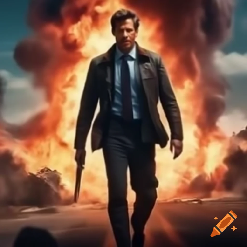 Cinematic action movie poster featuring caucasian man walking with explosion, 1980s and 1990s inspired