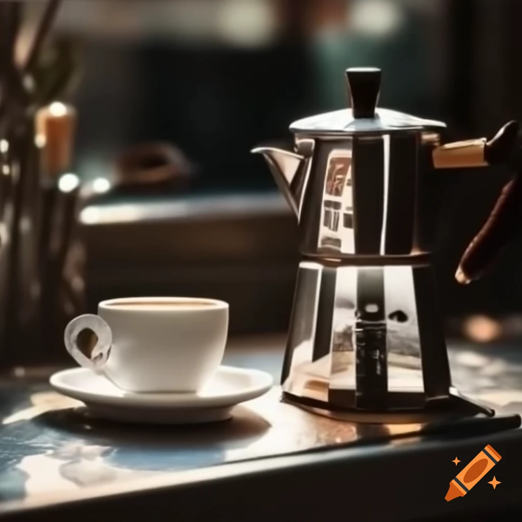 Coffee pot and cup of coffee on sparkling counter