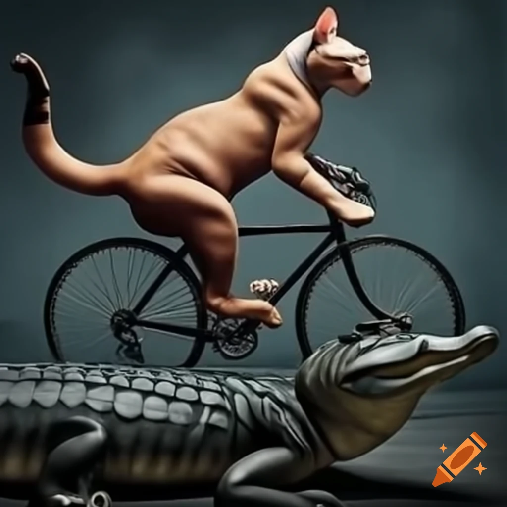 Muscular cat riding bicycle on alligator