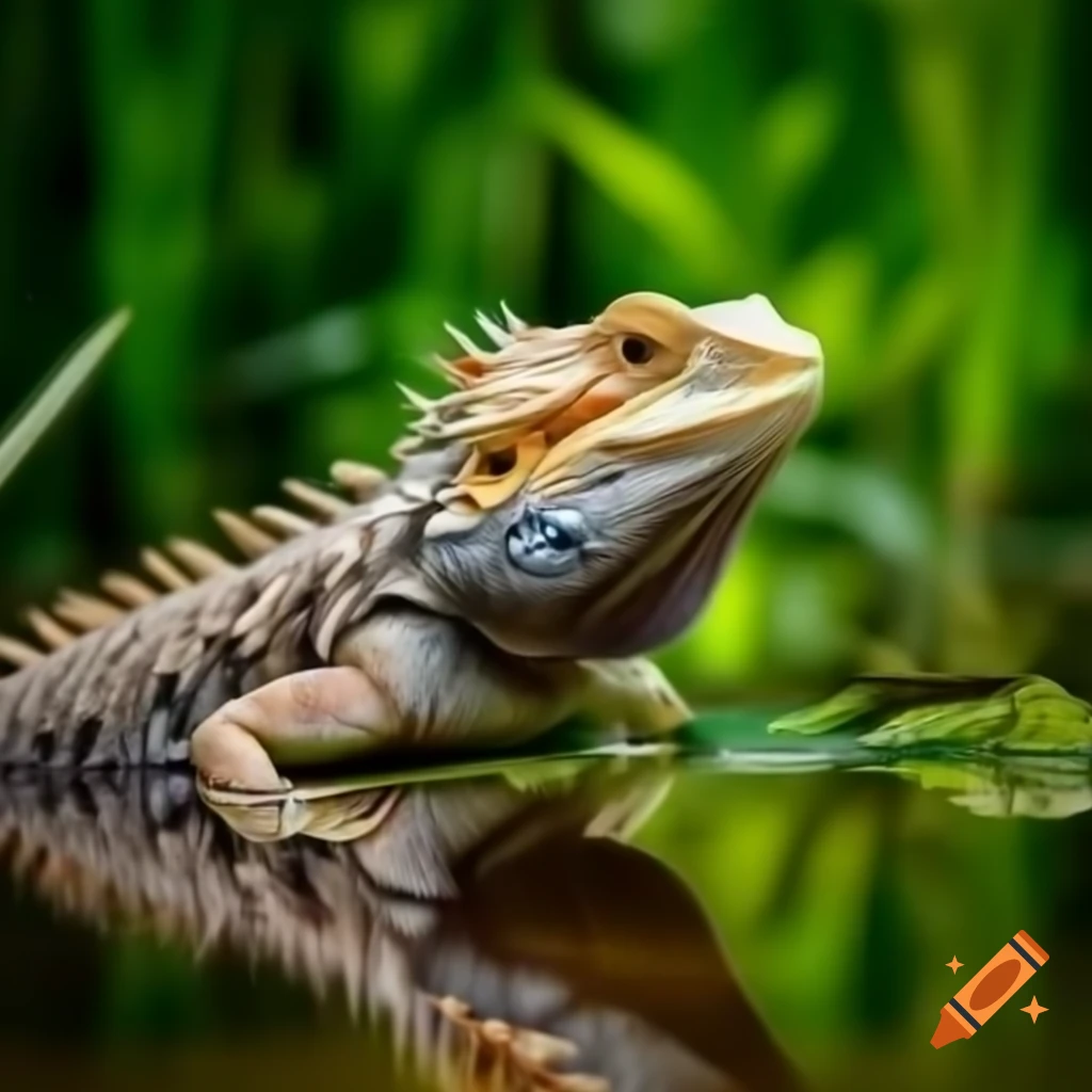 Bearded dragon interacting with water