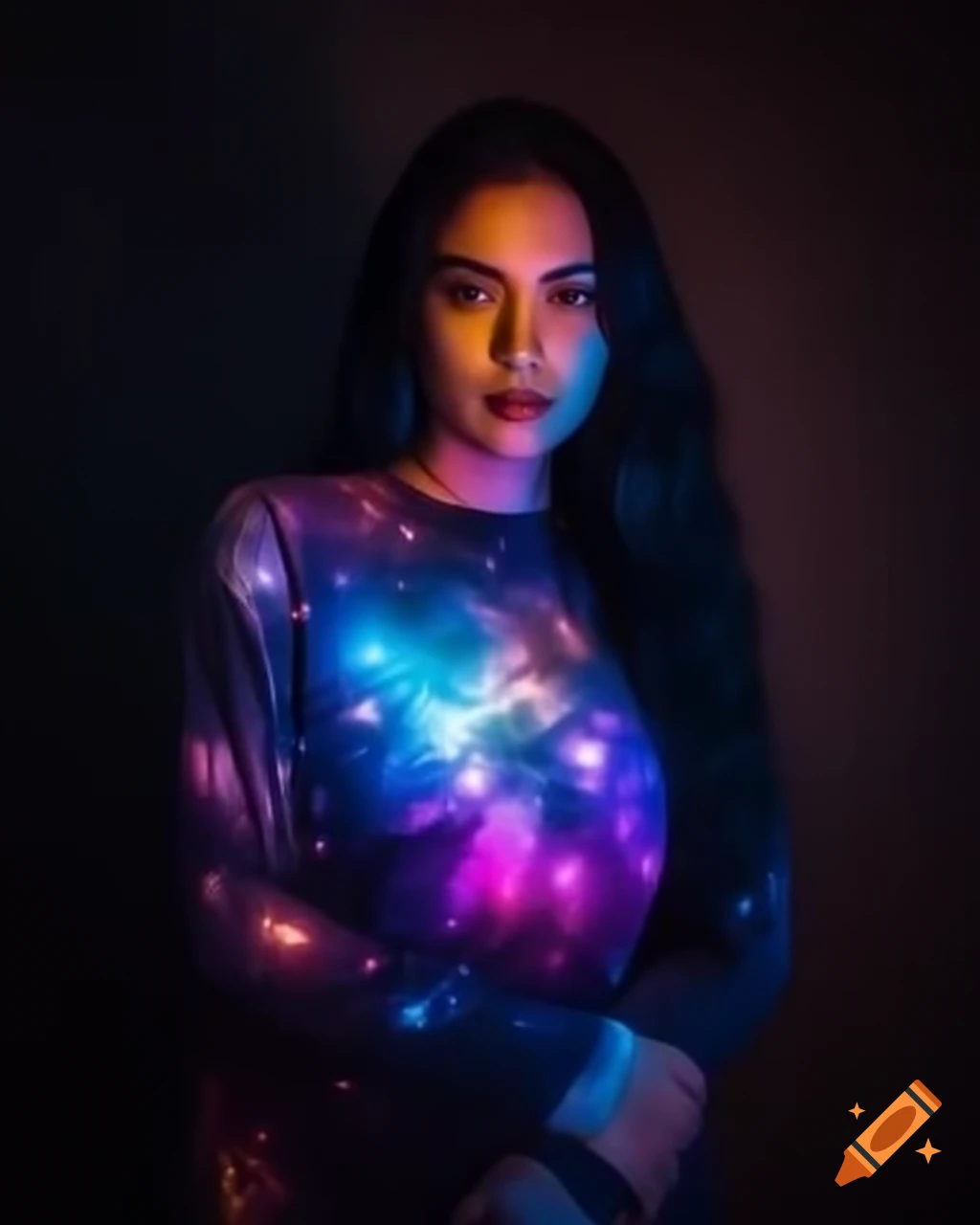 Woman in galaxy themed luminous dress, aesthetic fashion photo