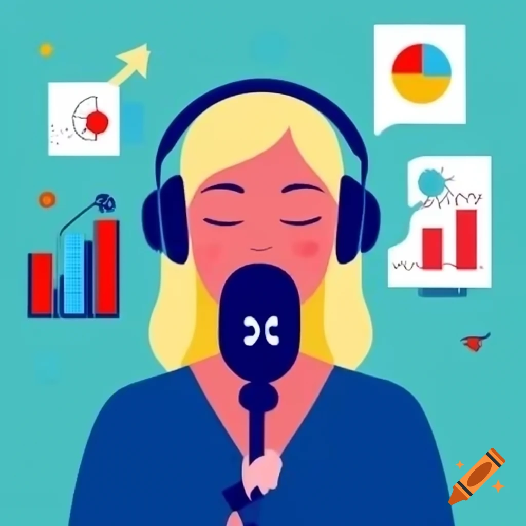Podcast cover featuring blonde woman speaking into microphone with financial charts