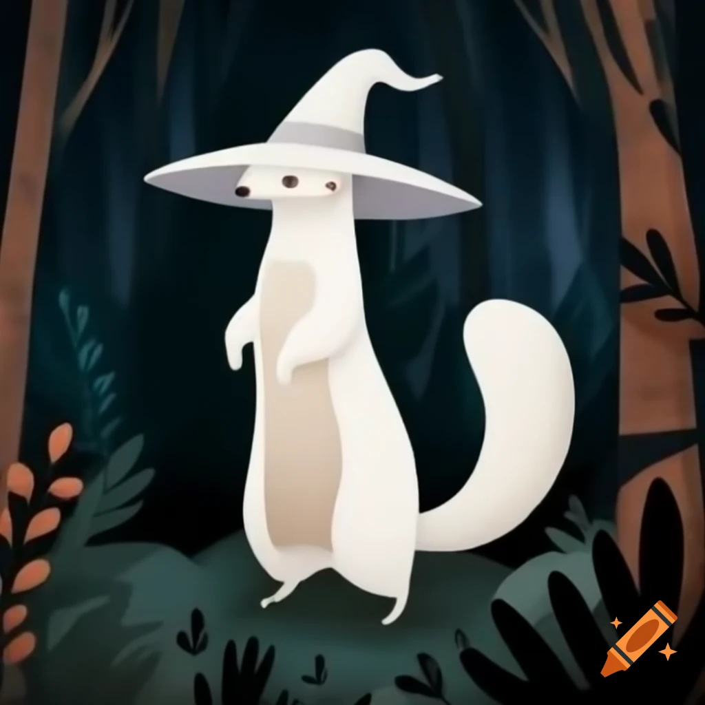White weasel witch in a mystical forest setting