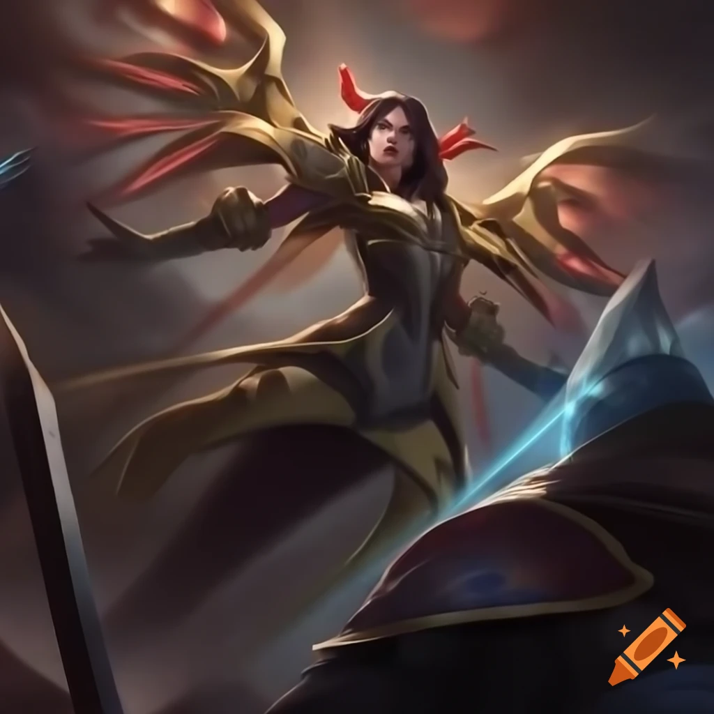 Radiant figure in gold armor wielding sword with magical sun tracers