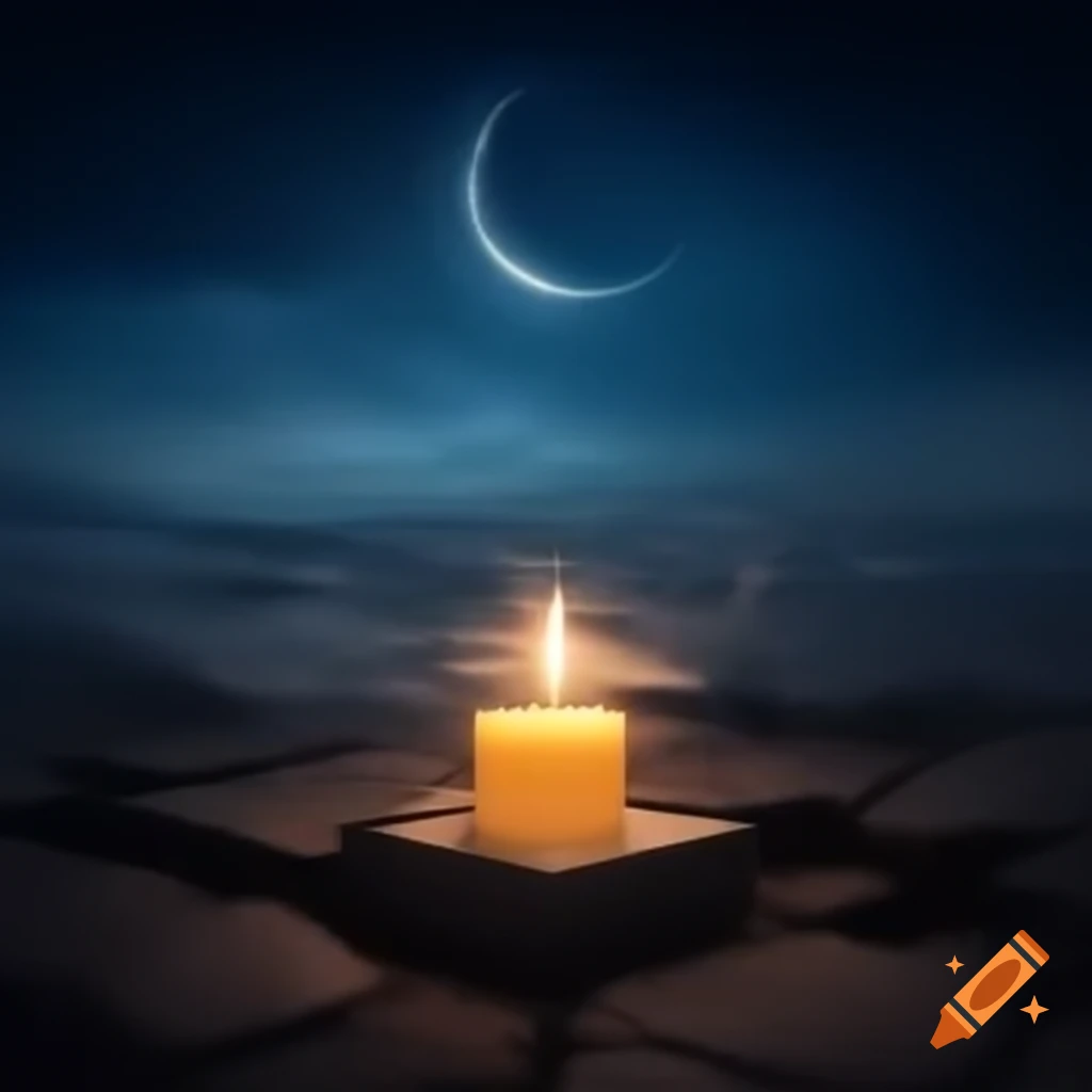 Candle in concrete holder with starry sky and new moon background