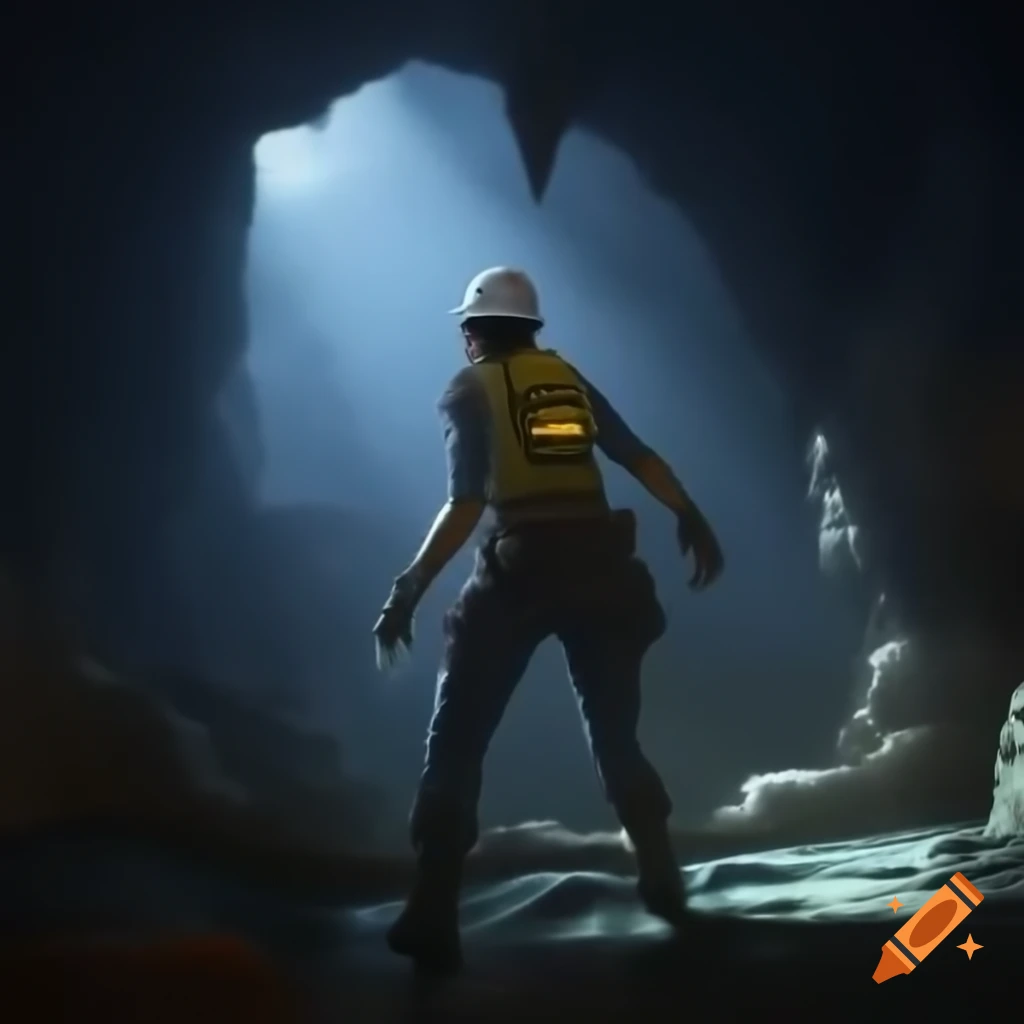 Plain woman with flashlight and hard helmet exploring dark cavern with ancient ruins