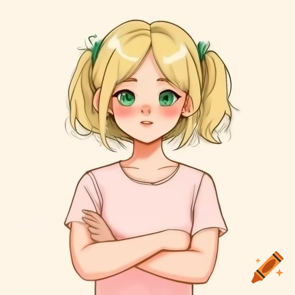 Anime girl with blonde hair and emerald green eyes wearing pink sleeveless t-shirt
