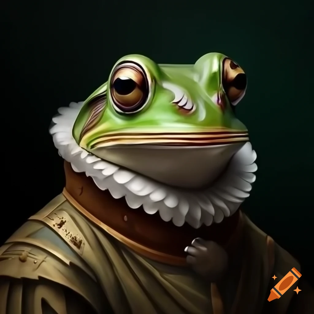 Renaissance oil painting portrait of a frog in a ruff collar