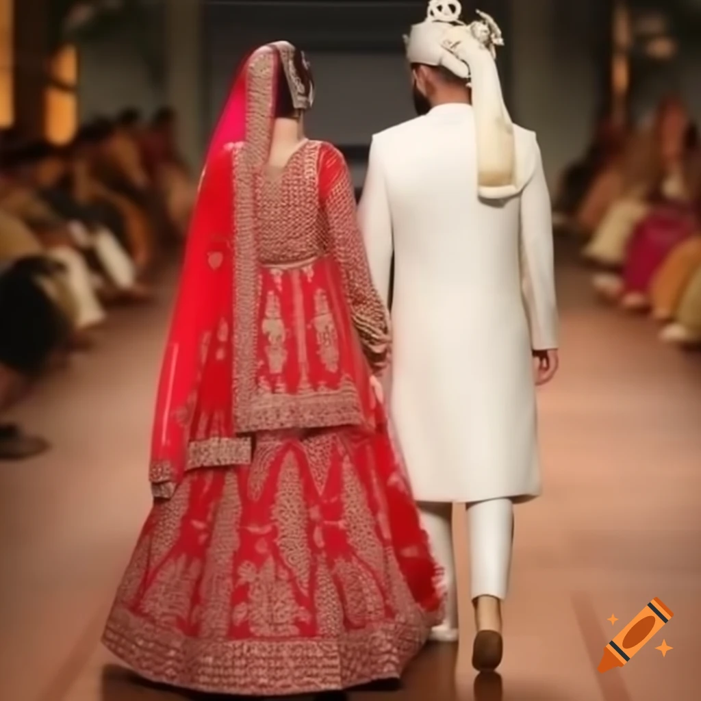 Pakistani couple walking hand in hand, bride in red lehenga and groom in white sherwani, back view