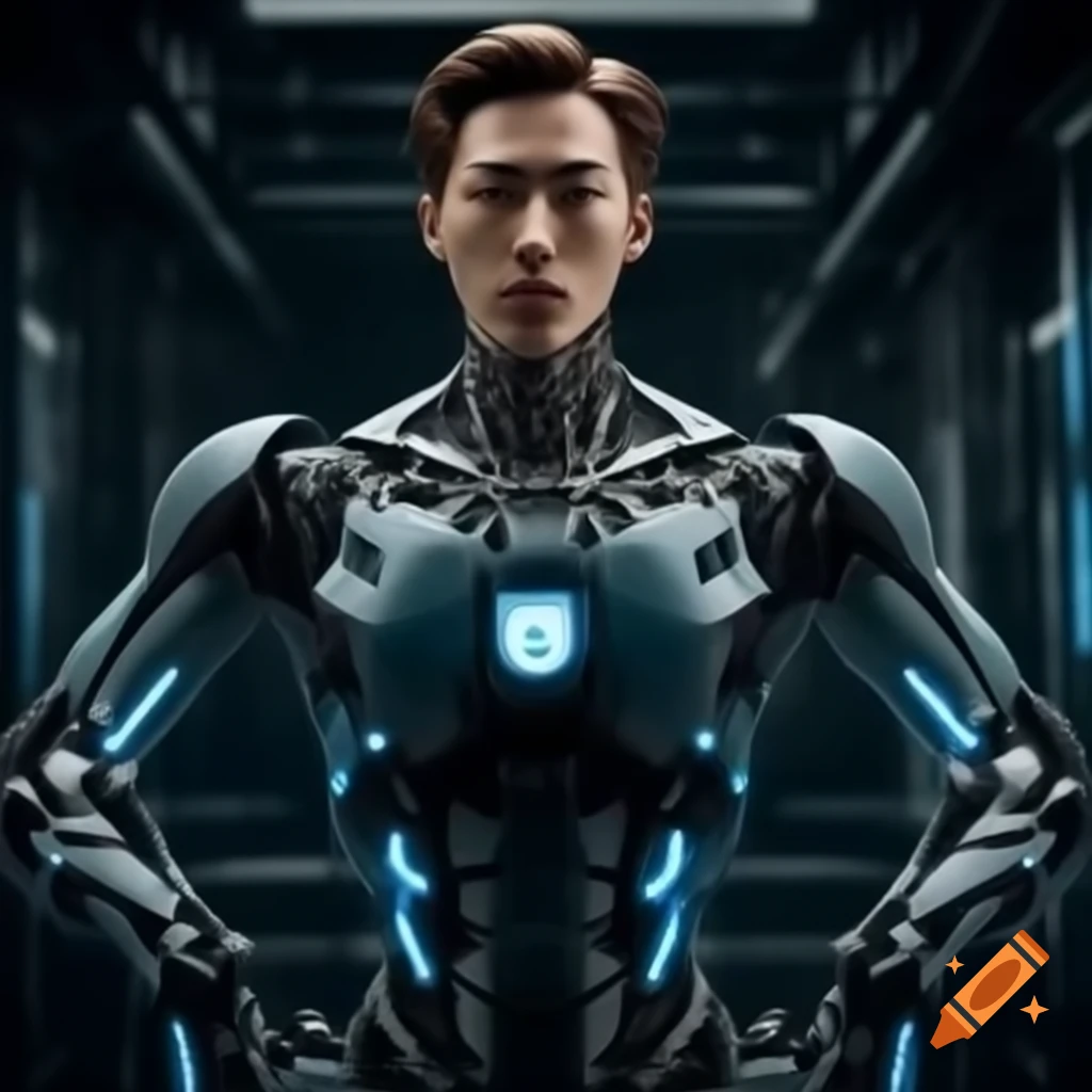 Skinny Korean male cyborg with glass torso and LED lights, featuring BTS Jin's face