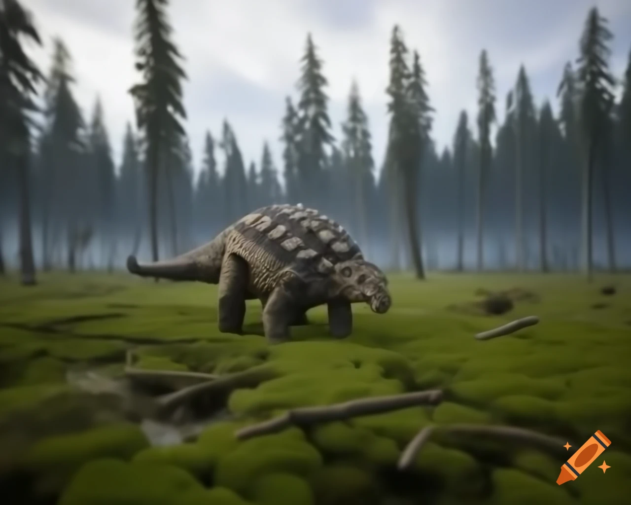 Ankylosaurus in fern prairie with fallen trees and Diplodocus in background, British Columbia