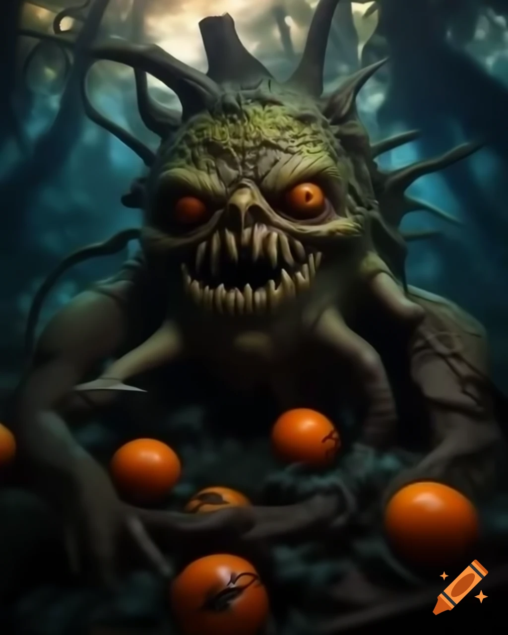Hauntingly beautiful decay of a rotten orange fruit tree monster